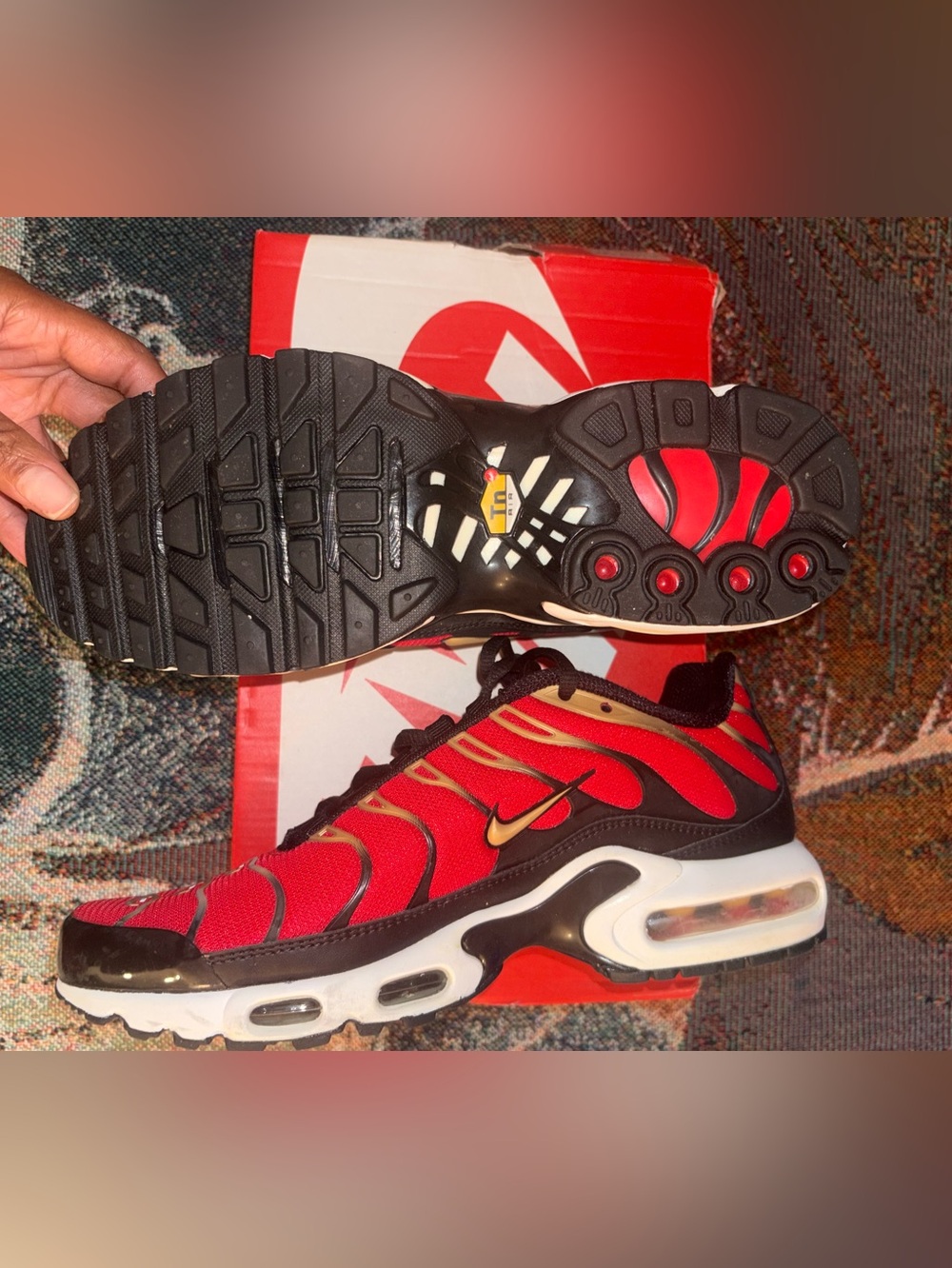 Women’s Nike Air Max Plus University Red, Black & Gold Trainers